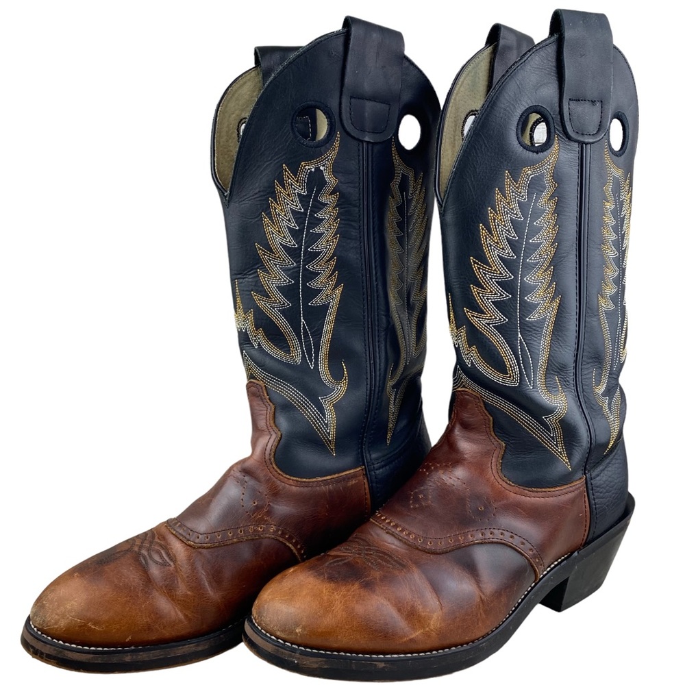 Durango Cowboy Black & Brown Pull On Leather Boots- Mens size 8.5 EE - Picture 1 of 17